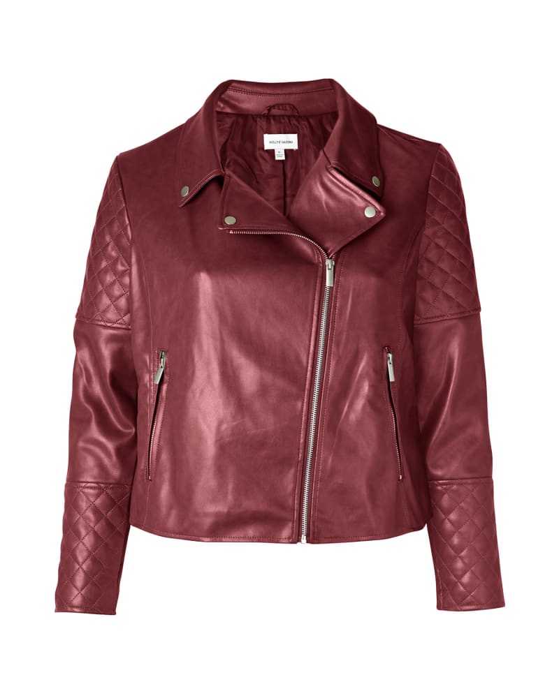 Front of a size 1X Eleanora Quilted Moto Jacket in Deep Fuchsia by Molly & Isadora. | dia_product_style_image_id:296096